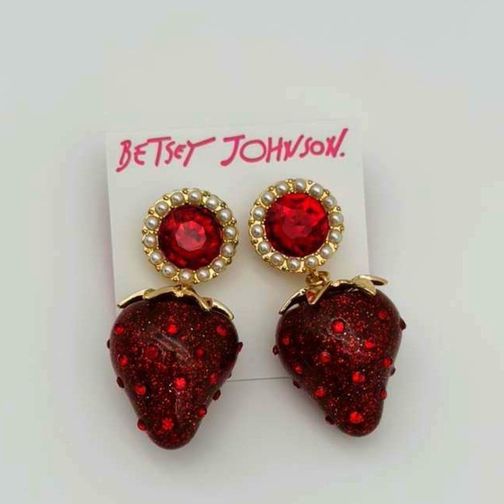 Betsey Johnson Strawberry Crystal & Pearl Drop Earrings - Red & White - NWT